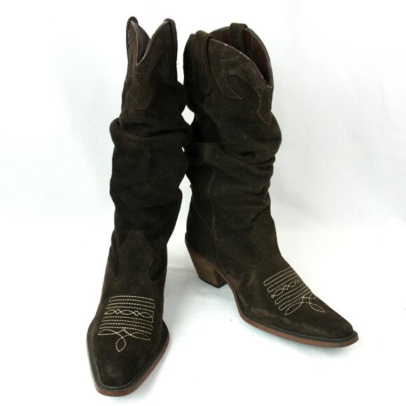Steve Madden Saddle Suede Leather Slouchy Heeled Western Cowboy Boots Brown 6.5 - Picture 1 of 8